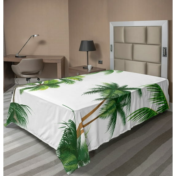 Ambesonne Tropic Flat Sheet, Coconut Palm Tree Plants, TwinXL Size, Hunter Green
