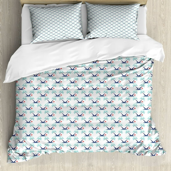Ambesonne Tropic Island Duvet Cover Sets, Summer Coconut Trees, 2-King, White Night Blue and Seafoam