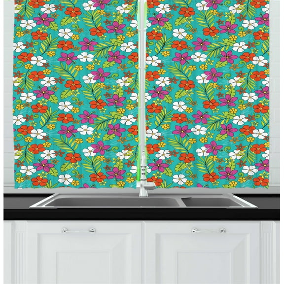 Ambesonne Tropic Kitchen Curtains, Colorful Hawaiian Flowers, 55"x45", Dark Seafoam Multicolor