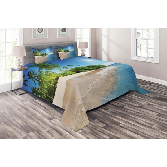Ambesonne Tropic Quilted Coverlet 3 Pcs, Suuny Ocean Palm Trees, Queen Size, White Green Blue