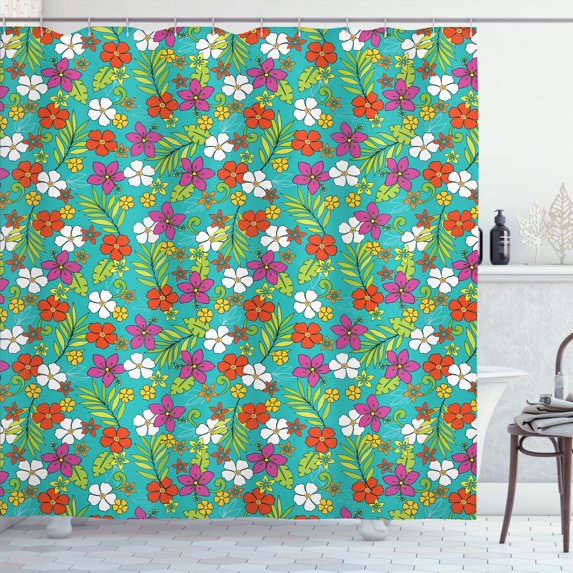 Ambesonne Tropic Shower Curtain, Colorful Hawaiian Flowers, 69"Wx70"L, Dark Seafoam Multicolor