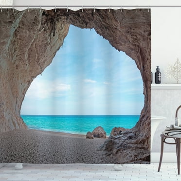 Ambesonne Tropic Shower Curtain, Mediterranean Beach, 69"Wx84"L, Cream Blue