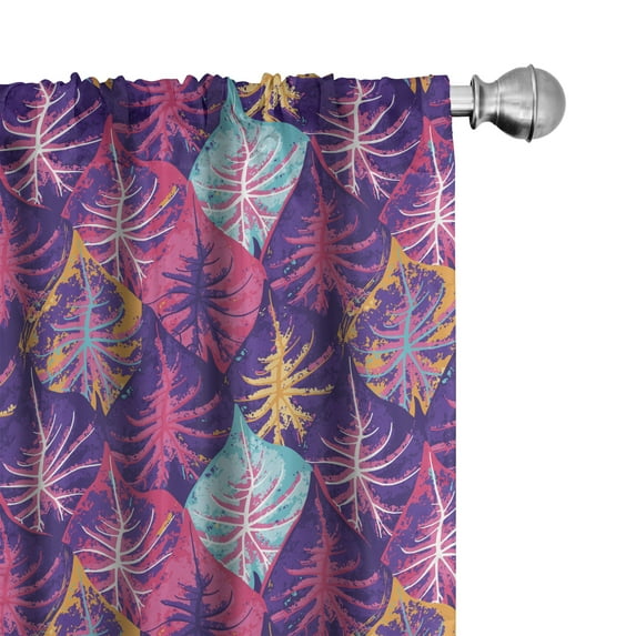 Ambesonne Tropical Window Curtains, Brush Exotic Leaves Art, Each 28" W x 63" L, Purple Turquoise Fuchsia