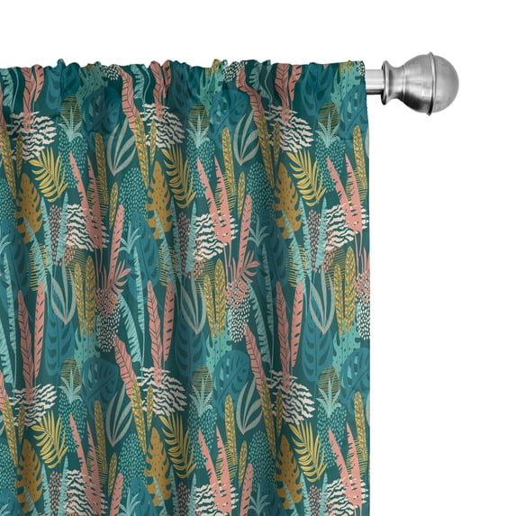 Ambesonne Tropical Window Curtains, Exotic Leaves Pattern Rave, Each 28" W x 95" L, Dark Teal Peach Salmon