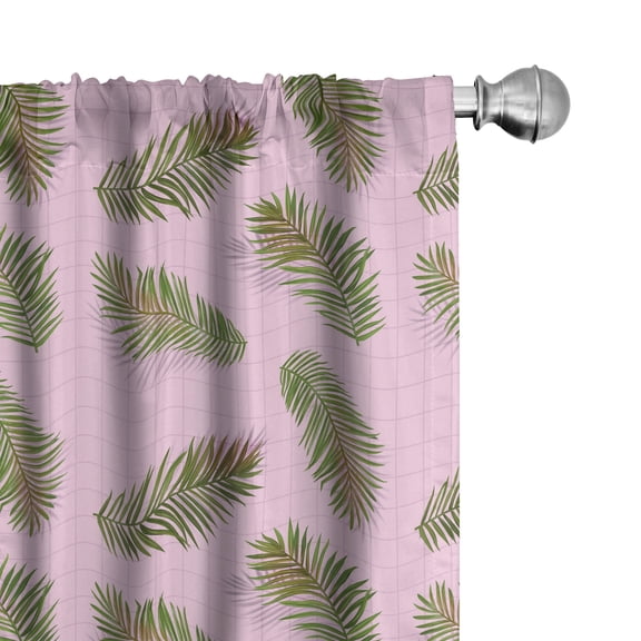 Ambesonne Tropical Window Curtains, Leaves on Checkered Back, Each 28" W x 63" L, Soft Pink and Slate Brown