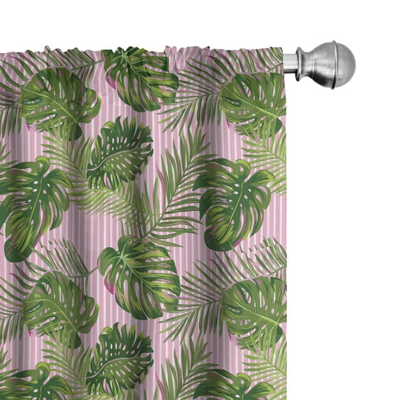Ambesonne Tropical Window Curtains, Monstera Palm Leaf Stripes, Each 28" W x 63" L, Pale Pink Fern Green