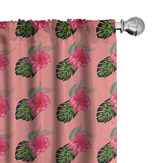 Ambesonne Tropical Window Curtains, Monsteras Hibiscuses Art, Each 28" W x 95" L, Apple Green Dark Coral