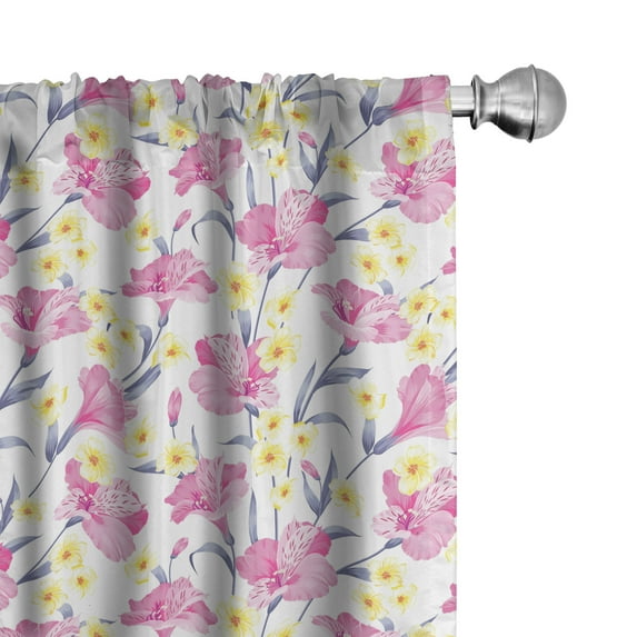 Ambesonne Tropical Window Curtains, Plumeria and Pink Hibiscus, Each 28" W x 84" L, Blue Grey Pale Yellow
