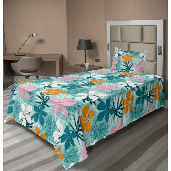 Ambesonne Tropical Abstract Fitted & Flat Sheet with Sham 3 Pcs Set, Blooming Flower, Twin, Seafoam Orange Soft Pink