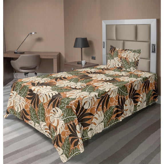 Ambesonne Tropical Abstract Fitted & Flat Sheet with Sham 3 Pcs Set, Vintage Garden, Twin XL, Orange and Beige