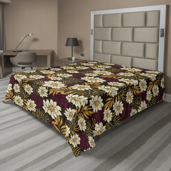 Ambesonne Tropical Abstract Flat Bedding Sheet Soft Top Sheet, Family Memories, Full, Apricot Beige and Maroon