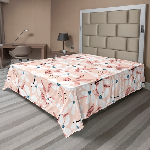 Ambesonne Tropical Abstract Flat Bedding Sheet Soft Top Sheet, Fresh Sensation, Queen, Pale Salmon Pale Eggshell