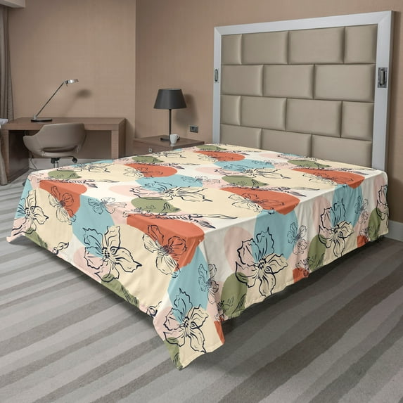 Ambesonne Tropical Abstract Flat Bedding Sheet Soft Top Sheet, Vintage Floral, Queen, Pale Rust Beige and Pale Teal