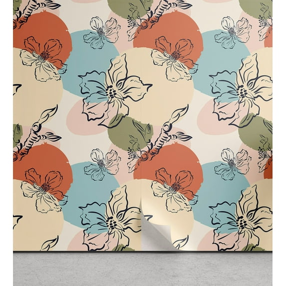 Ambesonne Tropical Abstract Peel & Stick Wallpaper for Home, Vintage Floral, 13"x36", Pale Rust Beige and Pale Teal
