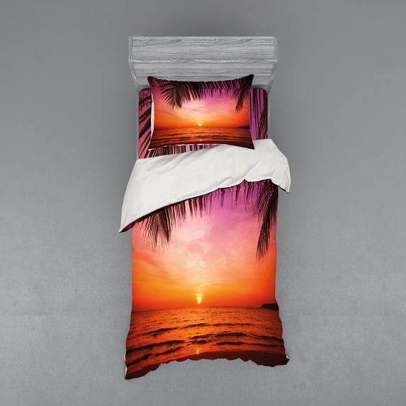 Ambesonne Tropical Bedding Set 3 Pcs, Coconut Palm Tree Leaf, Twin, Pink Orange