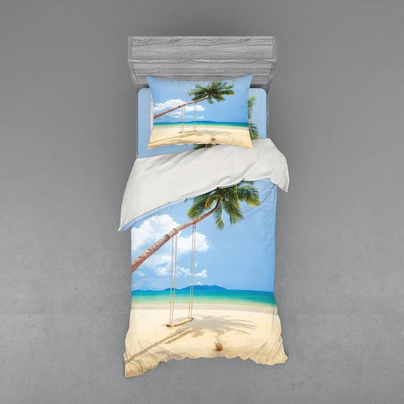 Ambesonne Tropical Bedding Set 3 Pcs, Coconut Palms Island, Twin, Cream Blue Green