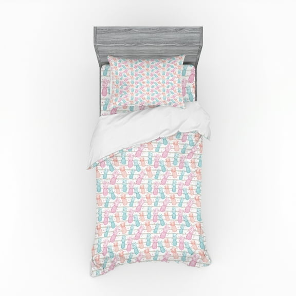Ambesonne Tropical Bedding Set 3 Pcs, Colorful Pineapple Sketch, Twin XL, Pink Coconut