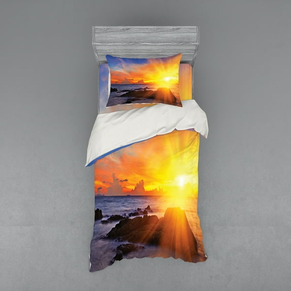 Ambesonne Tropical Bedding Set 3 Pcs, Colorful Sunset Sky, Twin XL, Orange Blue