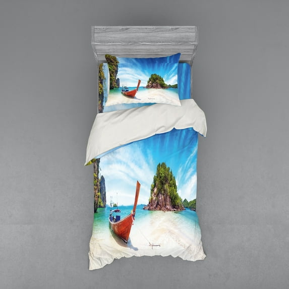 Ambesonne Tropical Bedding Set 3 Pcs, Exotic Beach Thailand, Twin, Fern Green Blue Cream