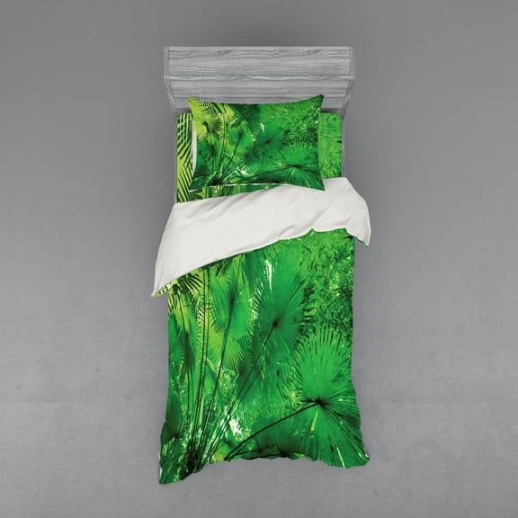 Ambesonne Tropical Bedding Set 3 Pcs, Exotic Jungle Plants, Twin, Green