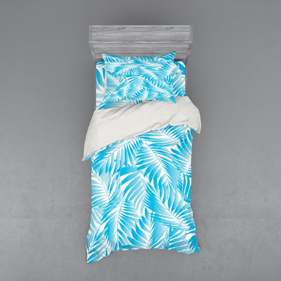 Ambesonne Tropical Bedding Set 3 Pcs, Exotic Miami Palms, Twin, Turquoise Aqua Blue
