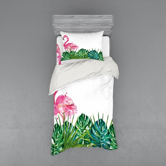 Ambesonne Tropical Bedding Set 3 Pcs, Exotic Nature Flamingo, Twin XL, Green Pink Blue