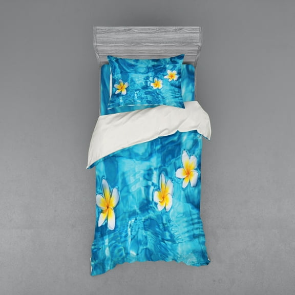 Ambesonne Tropical Bedding Set 3 Pcs, Frangipani Flower Aqua, Twin, Aqua Yellow White