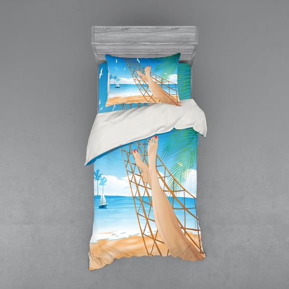 Ambesonne Tropical Bedding Set 3 Pcs, Hawaiian Ocean Hammock, Twin, Cream and Blue
