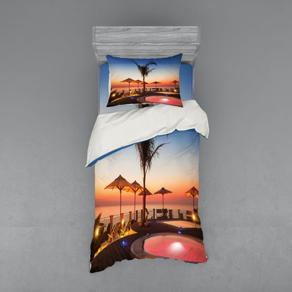 Ambesonne Tropical Bedding Set 3 Pcs, Ocean View at Sunset, Twin XL, Multicolor