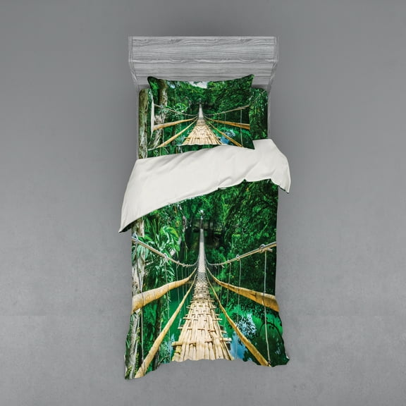 Ambesonne Tropical Bedding Set 3 Pcs, River Bridge of Forest, Twin XL, Beige and Green