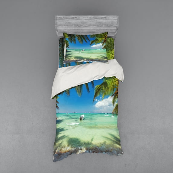 Ambesonne Tropical Bedding Set 3 Pcs, Surreal Sea Palm Tree, Twin, Fern Green Turquoise