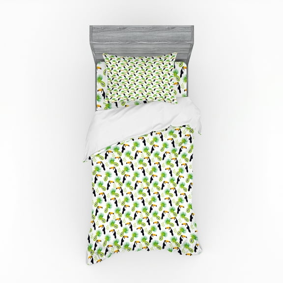 Ambesonne Tropical Bedding Set 3 Pcs, Toucan and Palm Pattern, Twin, Green Black and Orange
