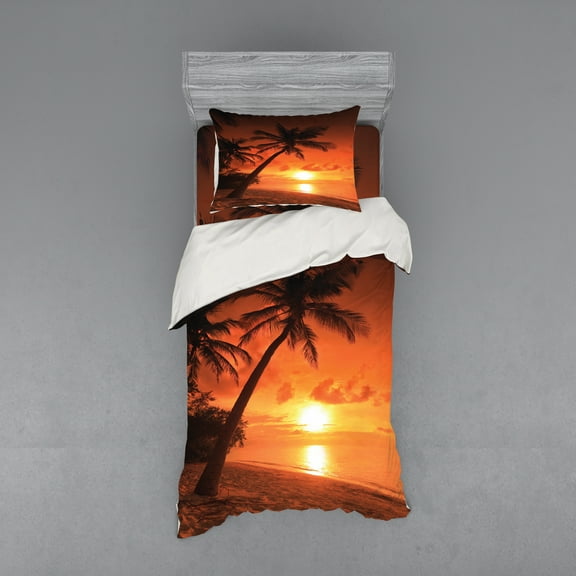 Ambesonne Tropical Bedding Set 3 Pcs, Twilight Coconut Palms, Twin, Coral Orange Brown