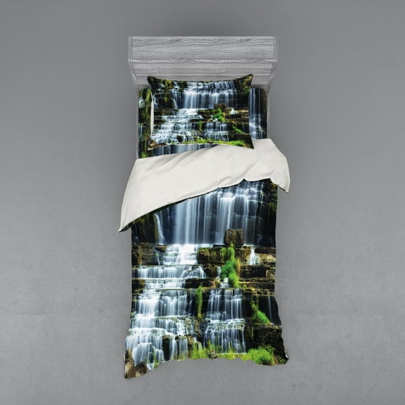 Ambesonne Tropical Bedding Set 3 Pcs, Waterfall Jungle Rural, Twin XL, Green White