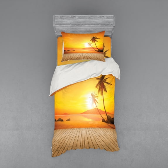 Ambesonne Tropical Bedding Set 3 Pcs, Wooden Deck Sunset, Twin, Orange Brown
