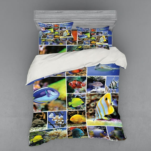 Ambesonne Tropical Bedding Set 4 Pcs, Collage of Underwater, Queen, Yellow Blue