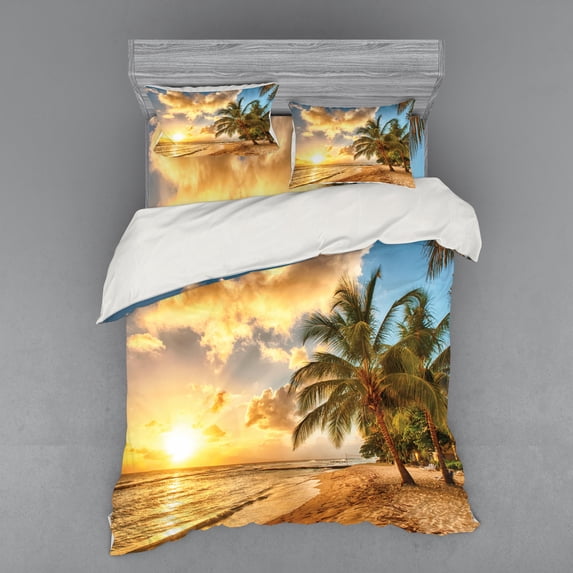 Ambesonne Tropical Bedding Set 4 Pcs, Exotic Sandy Beach, Queen, Cream Blue