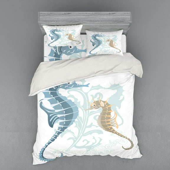 Ambesonne Tropical Bedding Set 4 Pcs, Fishes in Soft Tones, Queen, Blue Cream