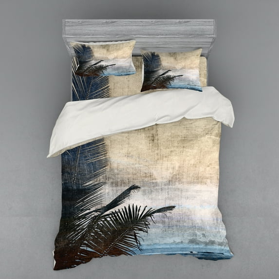 Ambesonne Tropical Bedding Set 4 Pcs, Grunge Palm Trees Art, Queen, Beige Navy