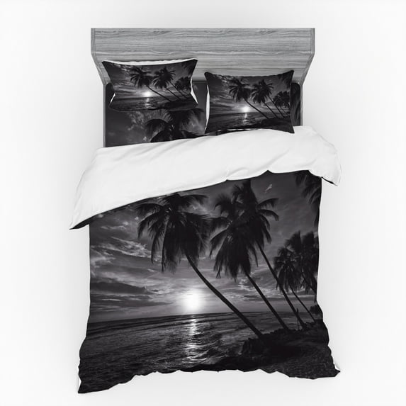 Ambesonne Tropical Bedding Set 4 Pcs, Horizon over Sea Picture, Queen, Black and White