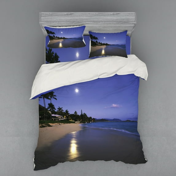 Ambesonne Tropical Bedding Set 4 Pcs, Moonlight Hawaii Sea, Queen, Navy Sand