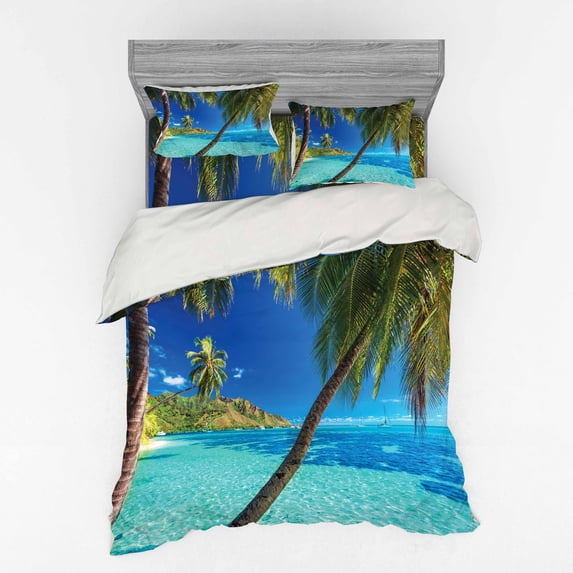 Ambesonne Tropical Bedding Set 4 Pcs, Palm Trees Sea Beach, Queen, Turquoise Blue