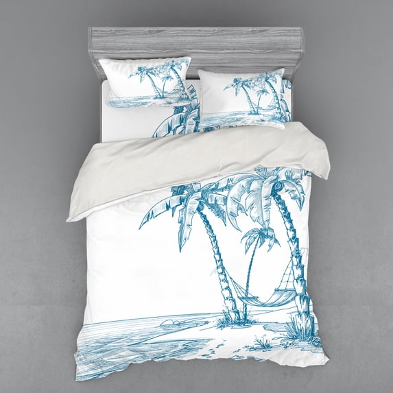 Ambesonne Tropical Bedding Set 4 Pcs, Palm Trees at Beach, Queen, Blue White