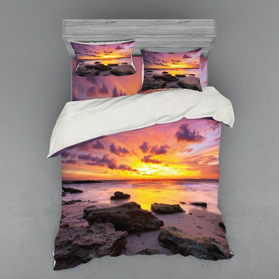 Ambesonne Tropical Bedding Set 4 Pcs, Sunset Idyllic Beach, Queen, Mauve Salmon Lilac