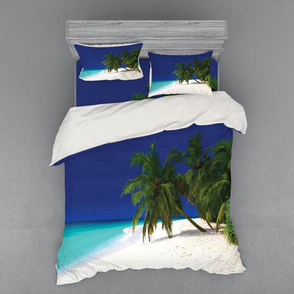 Ambesonne Tropical Bedding Set 4 Pcs, Untouched Coastline, Queen, Navy Blue White
