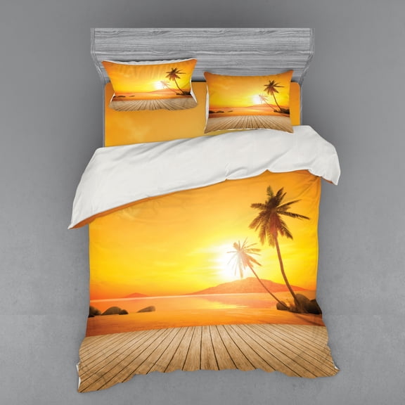 Ambesonne Tropical Bedding Set 4 Pcs, Wooden Deck Sunset, Queen, Orange Brown