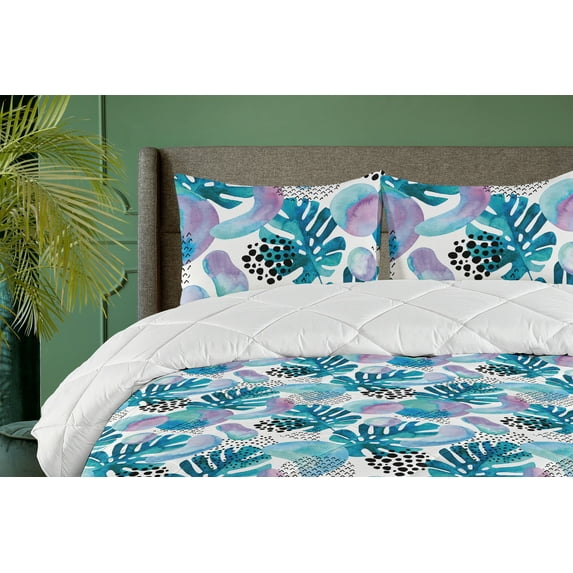 Ambesonne Tropical Boho Down Alternative Quilt Comforter, Soft Palm Tree Leaves, Full, Seafoam Lilac Sea Blue