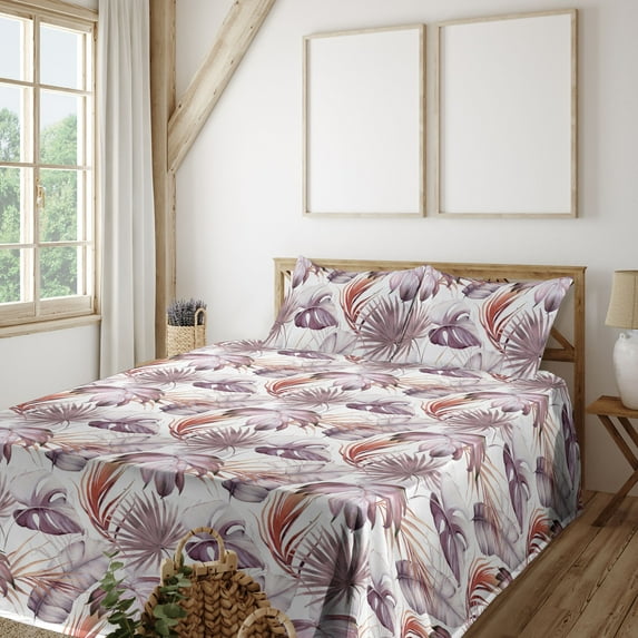 Ambesonne Tropical Boho Fitted & Flat Sheet with Sham 3 Pcs Set, Modern Exotic Leaves, Twin, Mauve Taupe Ruby White