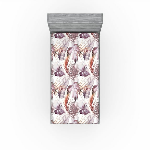 Ambesonne Tropical Boho Fitted Sheet, Modern Exotic Leaves, Twin XL Size, Mauve Taupe Ruby White