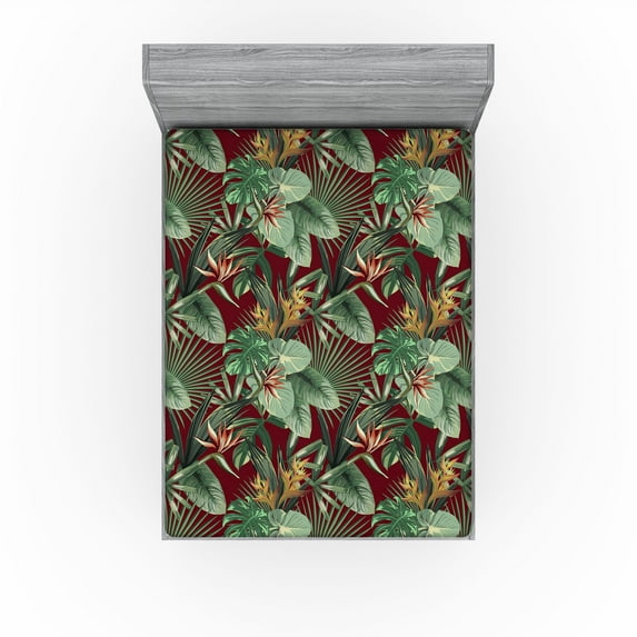 Ambesonne Tropical Boho Fitted Sheet, Nature Themed Palms, Full Size, Maroon Fern Green